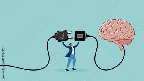 turn on creativity and idea thinking, imagination or innovation to create new idea concept, creative mind and brain illustration, businessman connect plug with brain idea to power socket concept