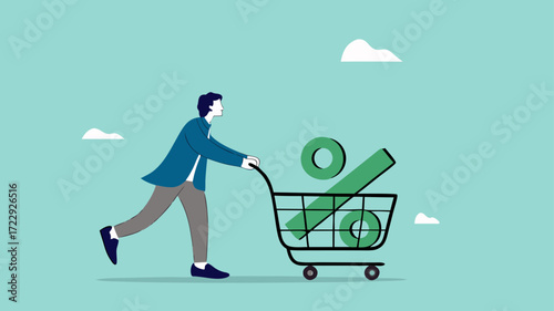 big discounts or increased dividends from stock investments with happy businessman carrying big percentage icon in shopping cart, stock market rising up from economic recovery concept illustration
