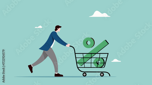 big discounts or increased dividends from stock investments with happy businessman carrying big percentage icon in shopping cart, stock market rising up from economic recovery concept illustration