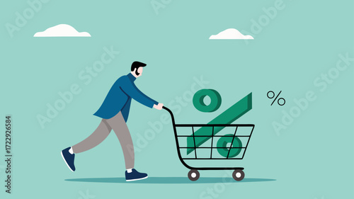 big discounts or increased dividends from stock investments with happy businessman carrying big percentage icon in shopping cart, stock market rising up from economic recovery concept illustration