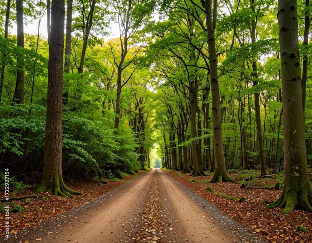 Fototapeta premium Serene forest path with tall trees, dappled sunlight, and fallen leaves covering the ground. Earthy tones and peaceful ambiance