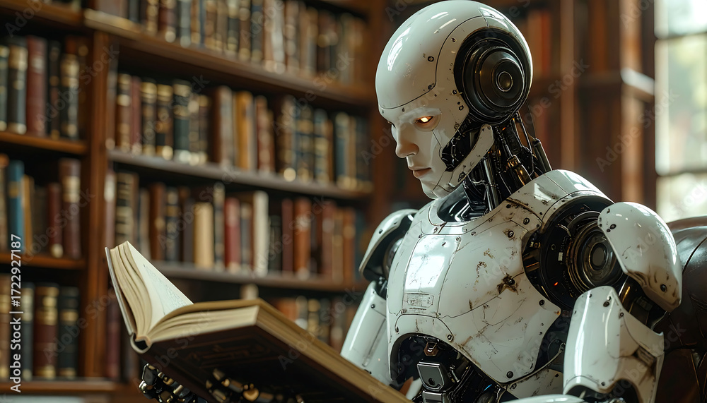 Fototapeta premium A sophisticated humanoid robot with glowing eyes intently reads an open book in a dimly lit library filled with bookshelves.