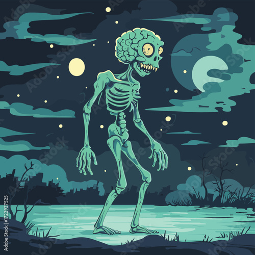 Zombie banner with scary monster, green undead character