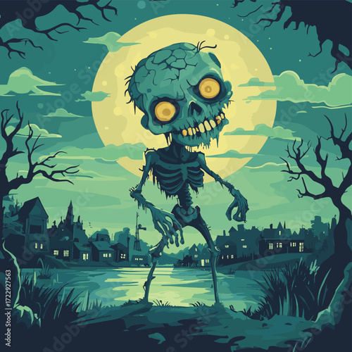 Zombie banner with scary monster, green undead character