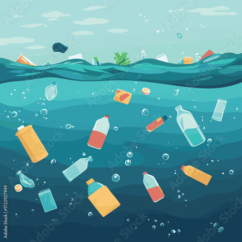 Plastic garbage floating on ocean water surface