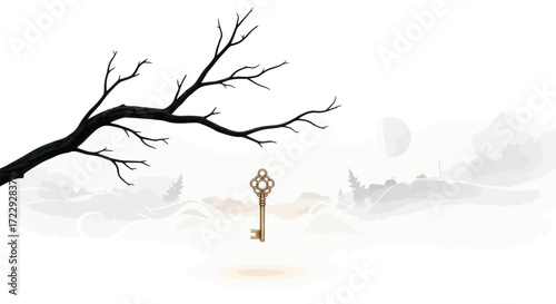 A Golden Key Floating Above a Misty Landscape With an Overhanging Branch