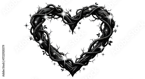 A heart shape created from entangled thorny branches with sparkling highlights gives a unique