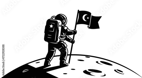 A lone spaceman plants a flag into the surface of the moon in a black and white illustration