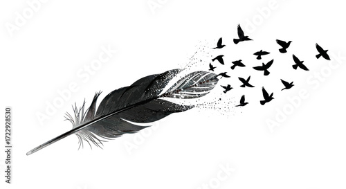 Abstract art illustration featuring a feather dissolving into a flock of birds on a white canvas