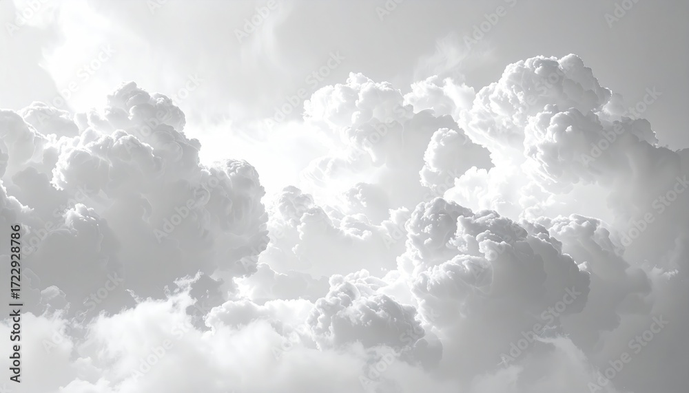 Fototapeta premium Ethereal, fluffy clouds fill the monochrome sky, creating a dreamy, abstract pattern of billowing white and gray. Light filters through
