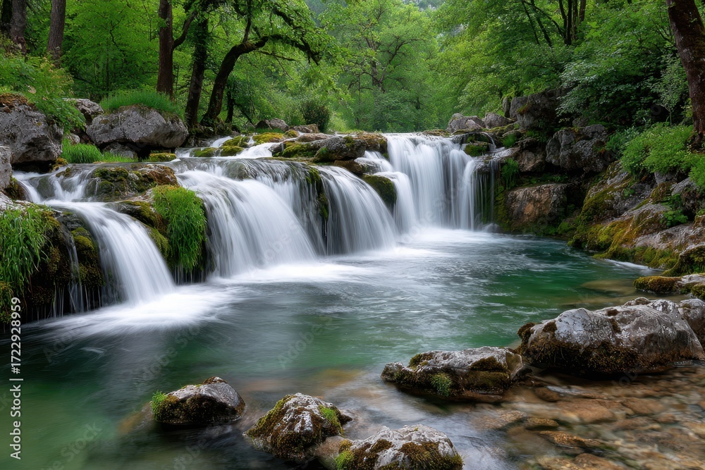 Fototapeta premium Waterfall cascades over mossy rocks in green forest