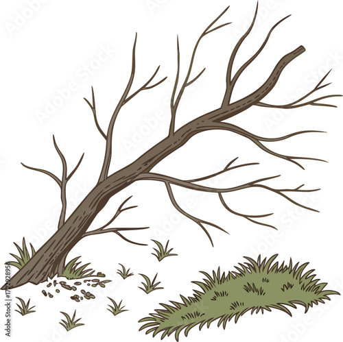 Fallen timber with snapped limbs resting on lush grass in cartoon style. Dead wood contrasts with fresh foliage, illustrating natural cycles and subtle winter symbolism.