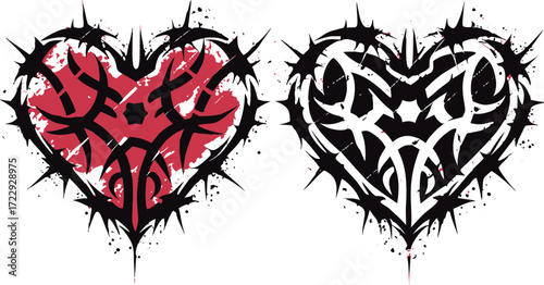 Tribal heart design, bold black ink with red splatter, ideal for tattoo or edgy decor. Grunge style illustration features thorny patterns, perfect for modern graphic prints or gothic art.
