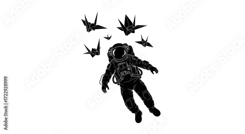 Astronaut's origami flight a monochrome digital drawing with freedom and artistry