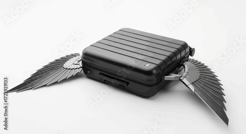 Black suitcase with metallic wings suggesting travel freedom and ease of transport