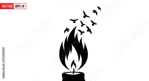 Candle flame releasing birds representing freedom, transformation, and hope in monochrome