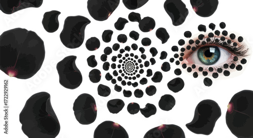 Captivating eye amidst a symphony of dark petals in a swirling, hypnotic composition