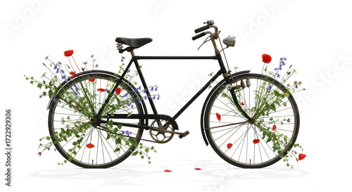 Charming vintage bicycle adorned with vibrant wildflowers against a pristine white background