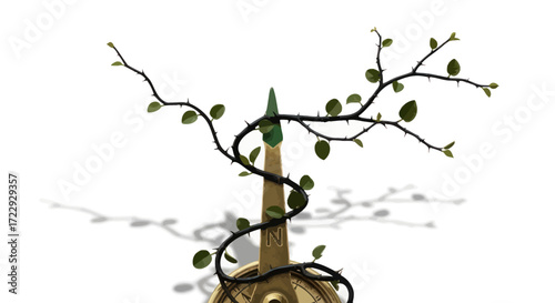 Compass entanglement concept symbolizing challenges and overcoming obstacles in navigation