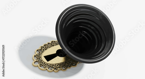 Conceptual art featuring a black vortex emerging from an ornate golden keyhole