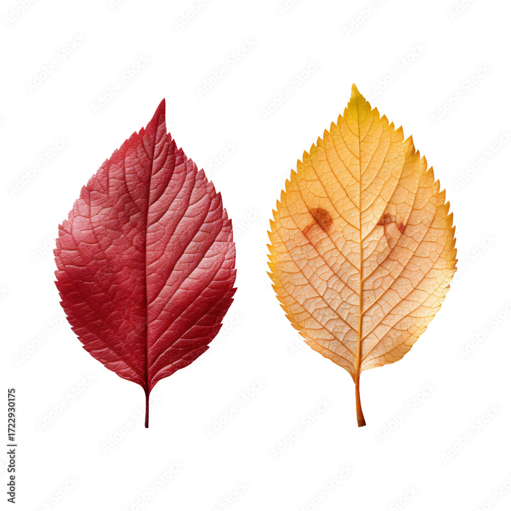 Fototapeta premium Two autumn leaves in red and yellow isolated on black background. Colorful paired fall foliage in seasonal tones.