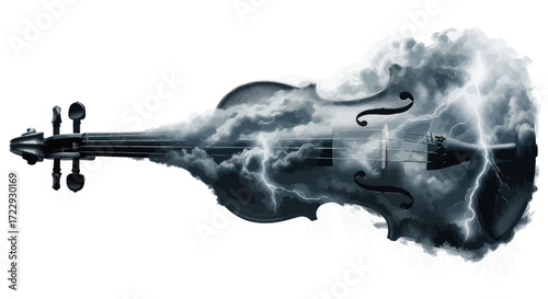 Dramatic blend of a violin silhouette filled with a stormy sky and lightning creating an
