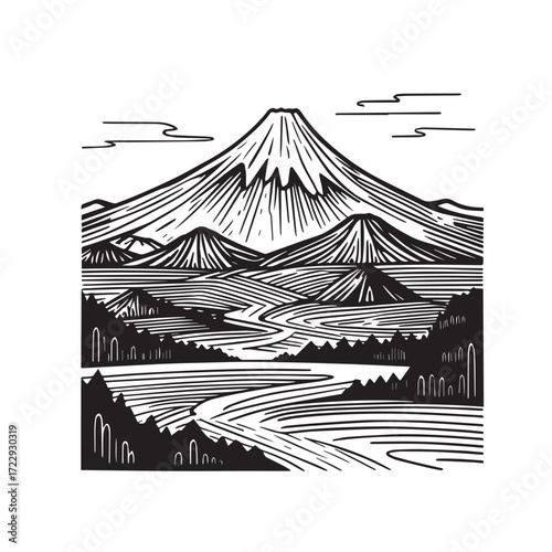 Black and White Mountain Illustration Image in Minimalist Line Art Style, Clean and Elegant Design