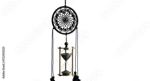 Dreamlike timepiece suspended in intricate web, a contemplation on time and destiny