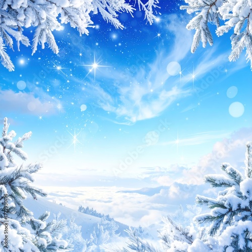 Snowy mountain scene framed by snow-covered pine branches under a bright, sparkling blue sky with scattered clouds and bokeh effects