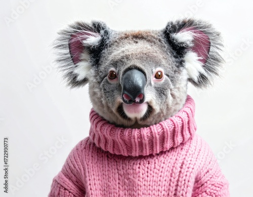 A koala anthropomorphically dresses in a pink knitted sweater, posing on a plain white background, creating a surreal yet heartwarming image