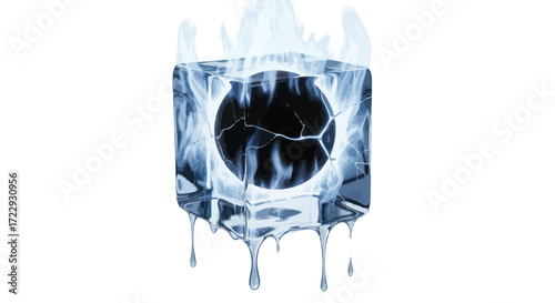 Frozen singularity artistic representation of an icy cube encapsulating a dark sphere