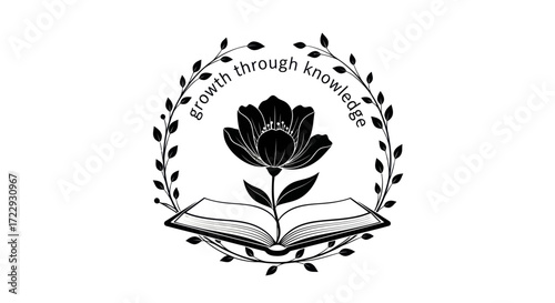 Floral emblem featuring an open book symbolizing the progression through learning and wisdom