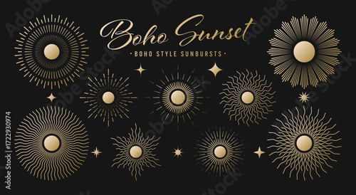 Vintage golden sunburst, sunset beams collection. Boho style, modern minimalist bohemian design. Hand drawn bursting sun, light rays. Logotype or lettering retro design element. Vector illustration