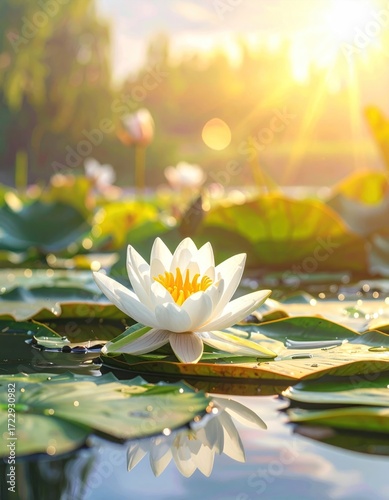 Pristine white water lily with a bright yellow center, floating serenely on lush green lily pads reflecting sunlight on still water