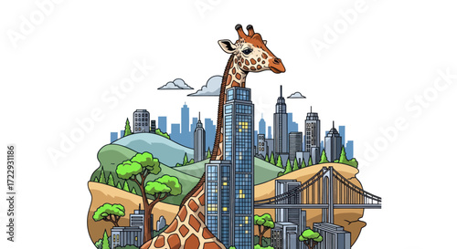 Giraffe emerges from cityscape skyscraper a whimsical juxtaposition illustration