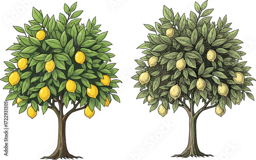 Healthy vs unhealthy lemon tree comparison with green leaves and yellow fruits for agriculture, gardening, plant care, and botanical education