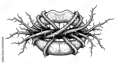 Illustrative mouth entwined with thorny vines conveying themes of constraint and suffering