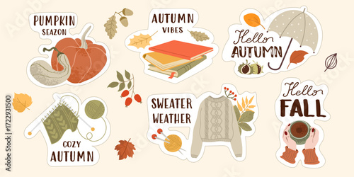 A collection of cute stickers dedicated to autumn. Pumpkins, warm sweaters, books, fallen leaves and cozy drinks - all this is represented in this colorful sticker set.