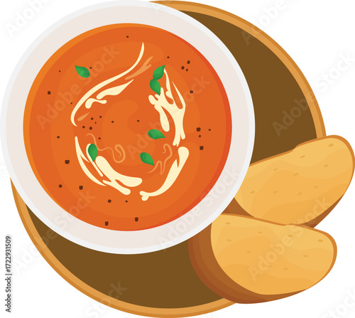 Tomato Soup with Bread Slices on Wooden Plate Illustration