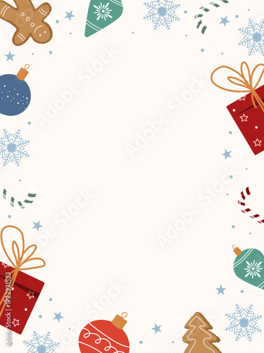Festive holiday decorations, including gingerbread men, Christmas tree ornaments, candy canes, wrapped gifts, snowflakes, and small stars, adorn a white vertical backdrop.