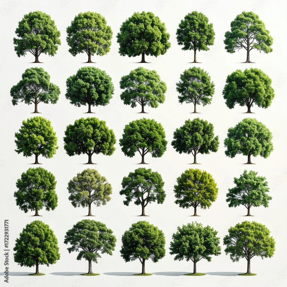 Fototapeta premium A grid of 24 trees shows variations in species with rounded canopies and detailed foliage against a bright, neutral background