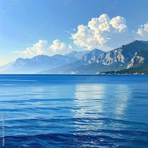 Serene seascape with tranquil blue waters, distant mountains fading into the horizon, and bright, fluffy clouds against a vibrant sky
