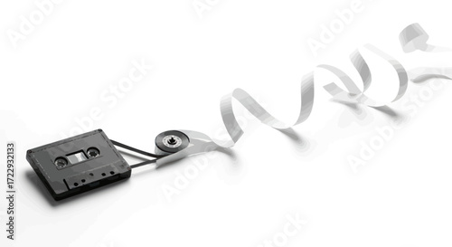 Monochrome nostalgic audio cassette concept unraveling a ribbon of memory and technology