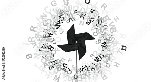 Monochrome pinwheel illustration amidst floating alphabet, evoking childhood memories and