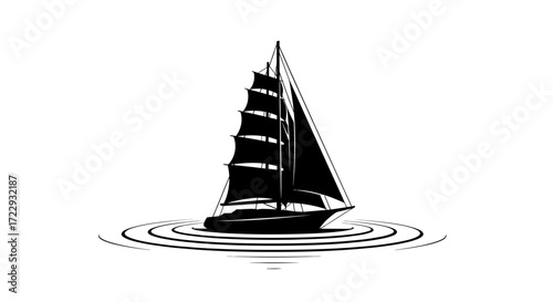 Monochrome portrayal of a sailing vessel gracefully floating on concentric ripples reflecting a