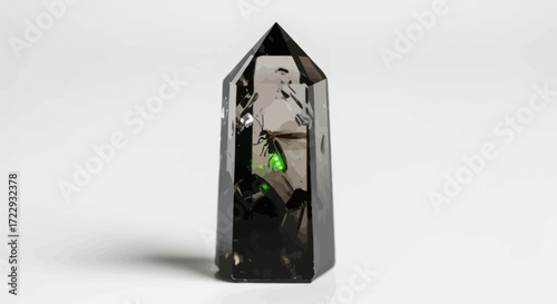 Mystical obsidian crystal with insect fossil and internal luminescence displayed on a stark