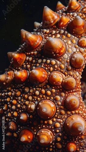 Close-up showing a starfish's arm. Tiny, textured bumps and conical spines covering the surface give it a unique underwater aesthetic