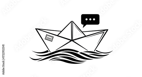 Paper Boat with Stamp on Water Ripples and Speech Bubble Icon Delivering Message