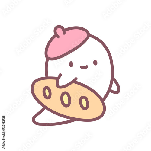 Happy ghost baker icon. Funny little spirit in a french beret holding a baguette. Doodle illustration isolated on white background. Kawaii halloween sticker. Vector 10 EPS.