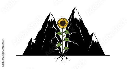 Resilient sunflower sprouting amidst imposing mountains symbol of overcoming adversity and hope